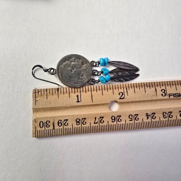 Vintage Navajo Sterling Buffalo Nickel Turquoise Feather Dangle Earrings Native - Picture 9 of 9